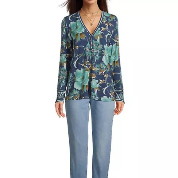 Johnny Was Janie Favorite Henley Peonee Long Blue Tee Floral Shirt Top Small NEW - Picture 10 of 10